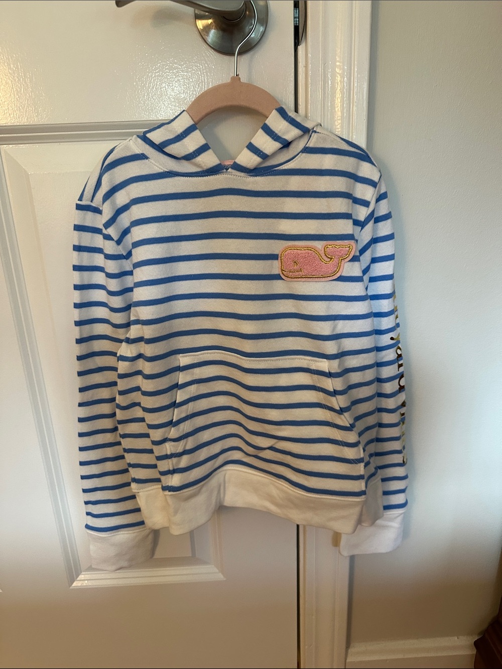 Vineyard Vines Blue & White Striped Kids Hoodie with Pink Whale Patch